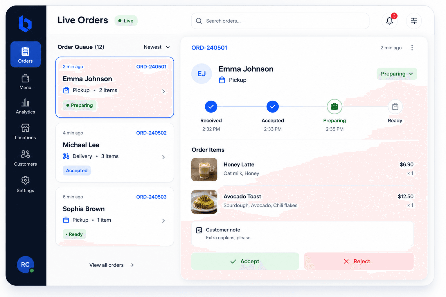 Restaurant reservations that connect the website and host stand. shown in the BranchOrbit product interface